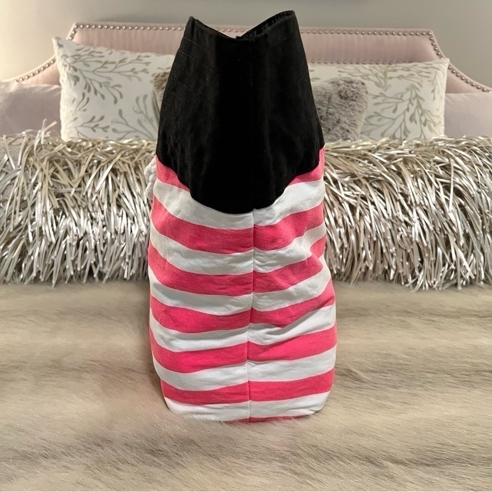 VICTORIA’S SECRET Beach Bag LARGE 2 Rope Handles Canvas Tote Black Pink Striped - Picture 4 of 10